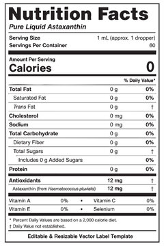 nutrition facts vector label template for pure liquid astaxanthin supplement