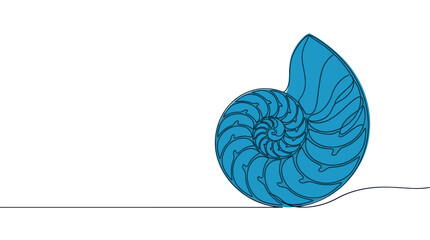 Fototapeta premium Single continuous line drawing of a blue nautilus shell with intricate spiral patterns on a clean white background