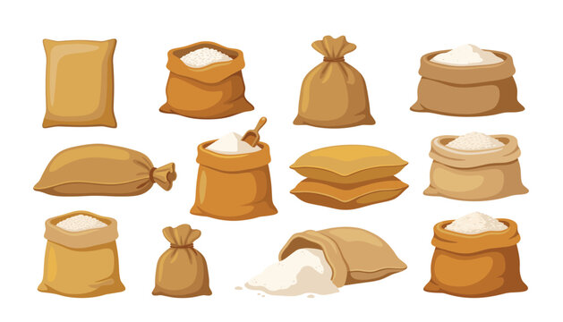 Burlap sacks and flour bags vector set. Canvas sacks containing agriculture rice, wheat grains, flour powder, wooden scoop and organic farm products.