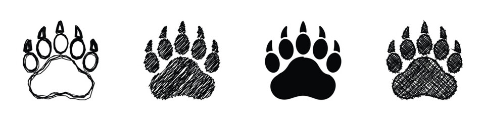 This set showcases four unique artistic interpretations of a bear's paw print, ranging from a rough sketch to a solid silhouette and textured designs © Vova7