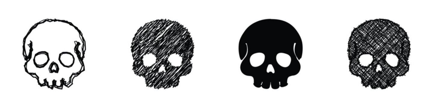 A set of four skull icons showcasing different artistic interpretations, from simple line art to textured and solid black designs