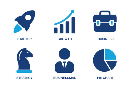 Collection of icons for business design such as startup, growth, business, strategy, businessman, pie chart.  Solid vector icon set.