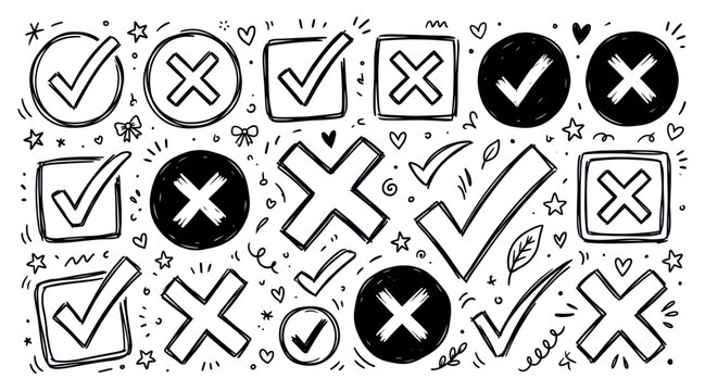 Hand-drawn doodle style check marks and cross signs in various shapes and sizes on a white background