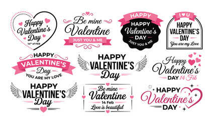 Valentine's Day typography badge vector set. Romantic labels with hearts, wings, love quotes, ribbons, calligraphy, typography and greetings text. © Mahamuda Studio 