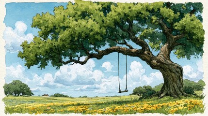 Obraz premium Serene Landscape with Large Tree and Swing Under Clear Blue Sky in Tranquil Meadow with Soft Clouds and Vibrant Wildflowers in Warm Sunlight