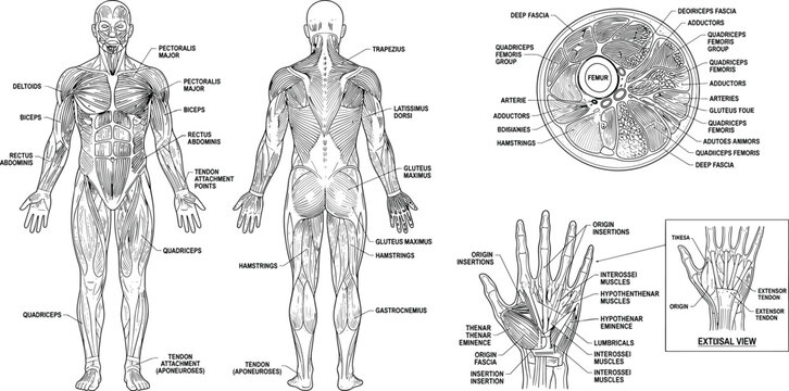 Professional human muscular system anatomy diagram with labeled muscle groups and detailed anatomical views.