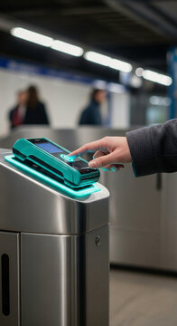 Hand tapping a smartphone on a transit gate reader