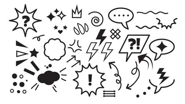 Comic expression black vector elements of speech bubbles, pop art sound effects, explosive lines, arrows, stars, anime emotion symbols. Cool hand drawn doodles, angry emotion for comics book, stickers