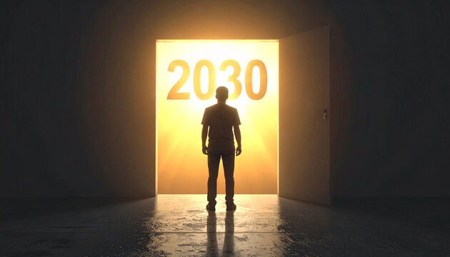 2030 Future Vision Concept &ndash; Silhouette Standing at a Glowing Doorway to Tomorrow