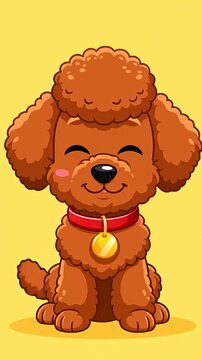 Cute brown poodle puppy cartoon on yellow background.