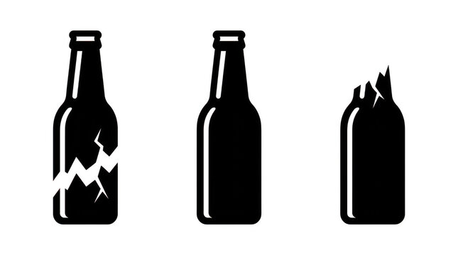 Black beer bottle icons set isolated on transparent background