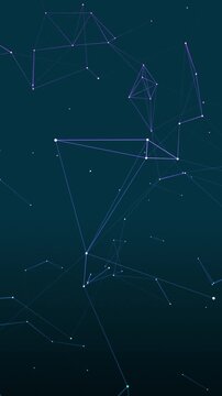 Vertical abstract digital network background with connecting lines and glowing nodes moving on a dark blue gradient space. Perfect for mobile technology, cyber security, and big data concepts