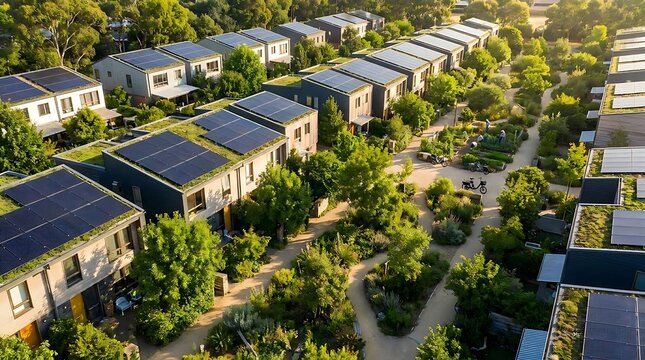 Sustainable housing development with solar panels and green spaces