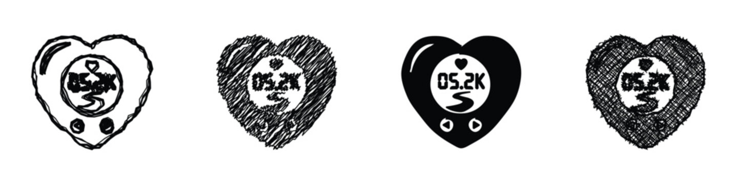 A collection of four heart-shaped pedometer icons, some with a sketched effect, displaying a digital readout of 5.2k steps and a winding path symbol