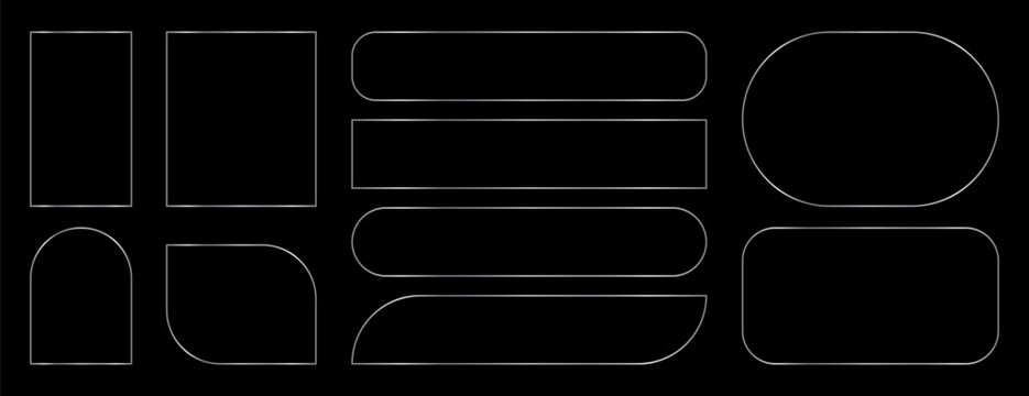 Set of minimalist silver metallic geometric frames on a black background