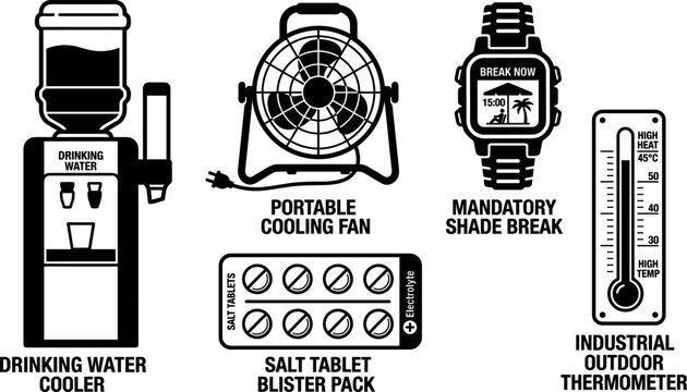 Heat Stress Prevention Safety Equipment Vector Set Featuring Drinking Water Cooler Portable Fan Thermometer Mandatory Shade Break Watch and Salt Tablets