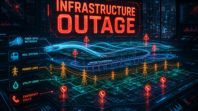Futuristic digital command center showing infrastructure outage alerts across fiber optic networks, rail systems, power lines, utilities, and emergency calls.