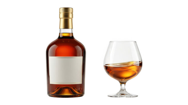 Bottle of brandy and glass with alcohol isolated on transparent background