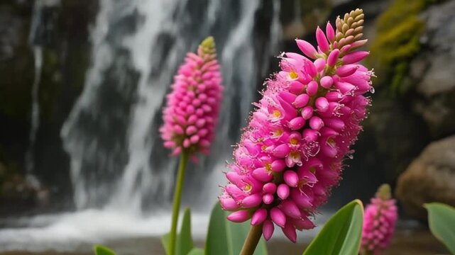 Vibrant pink bistorta flower blooming near a scenic waterfall