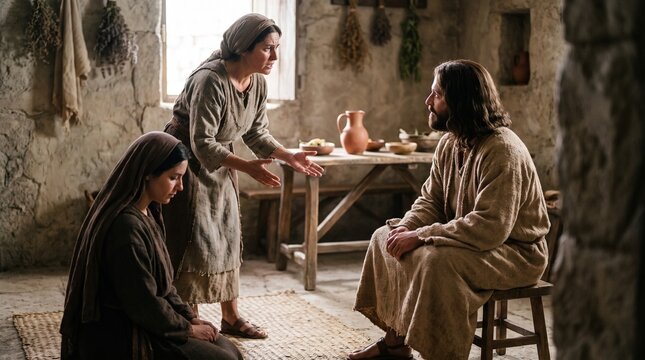 Jesus Christ sits listening to Martha of Bethany gesturing in complaint as Mary sits on a mat, representing the New Testament biblical scene Jesus at the home of Martha and Mary.