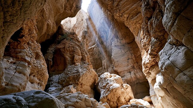 Canyon cave rock wall tyndall beam natural scenery, gobi sandstone cavern stratum wilderness landform, outdoor adventure geology science promotional backdrop material