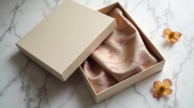  A luxury silk scarf folded elegantly inside a minimalist gift box with magnetic closure. Soft diffused light reveals the silk's subtle sheen and intricate pattern. Box rests on a marble surface with 