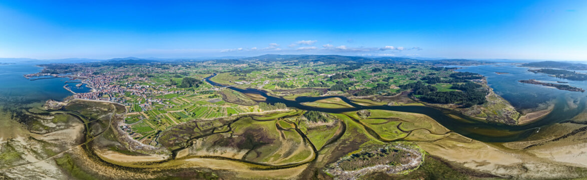 Aerial View of Albari&ntilde;o Vineyards and Agricultural Land Surrounding the Coastal Town of Cambados Galicia