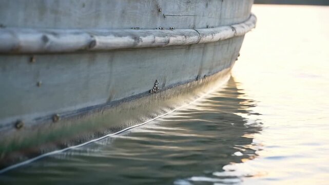 Low water-level close-up of weathered wooden boat hull at calm waterline with gentle ripples, reflective wake, exposed fasteners, barnacle clusters, and worn marine texture