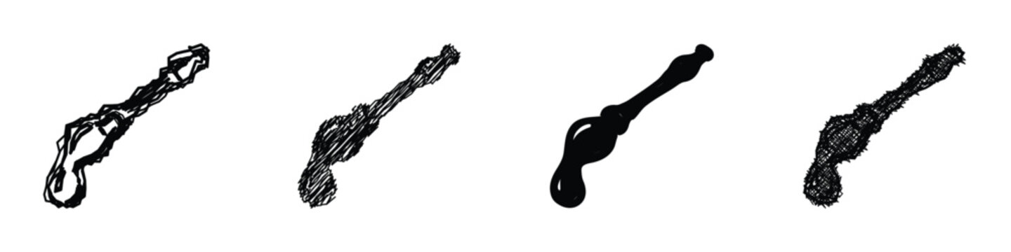 Four distinct artistic interpretations of a bone-like form, showcasing different drawing techniques and textures on a white background