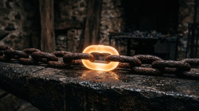Heavy rusty metal chain with one brightly glowing heated link resting on a dark anvil, weak link concept, industrial strength, point of failure.