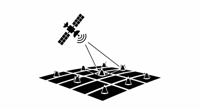 Satellite transmitting data to ground sensors across a grid for location tracking and navigation.