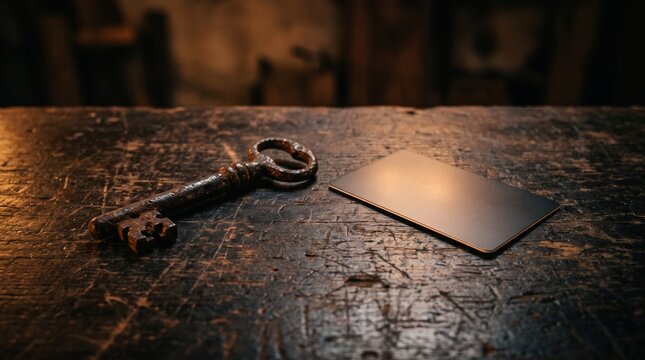 Rusty vintage key lying next to a sleek modern keycard on a scratched wooden table, technology evolution, security concept, old versus new.