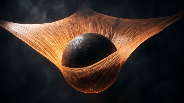Heavy dark sphere stretching a glowing orange fibrous web, gravity concept, elastic tension, physical force.
