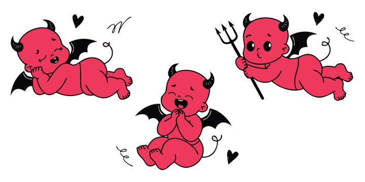 Cute cartoon red baby devils and little imps with wings and trident vector illustration set.