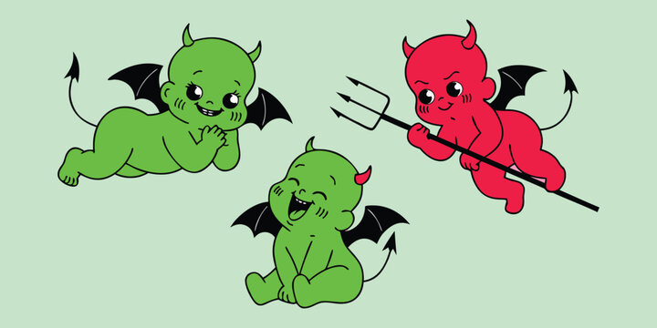 Cute cartoon baby devils and imps with wings and trident vector illustration set.