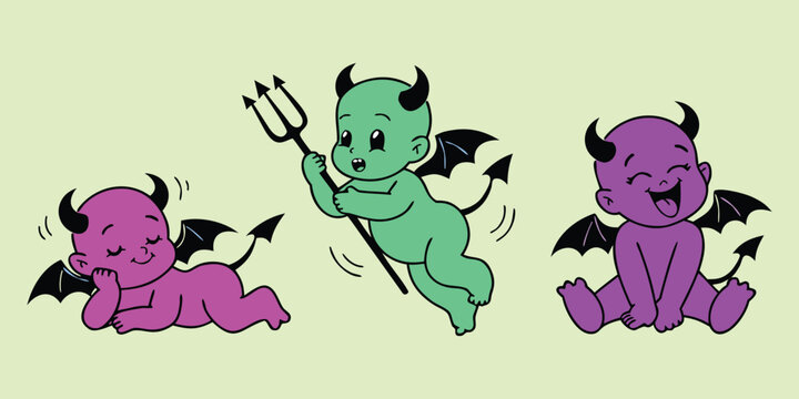 Cute little devil cupid valentine collection with tiny green and purple demons in floating, laughing, and lying down poses with pitchfork and bat wings vector illustration.