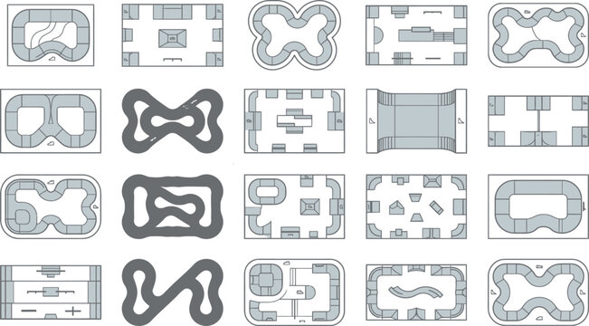 Professional skatepark pump track matrix templates exhibiting extreme sports concrete bowls half pipe lines modular ramps zigzagging circuits blueprints asset