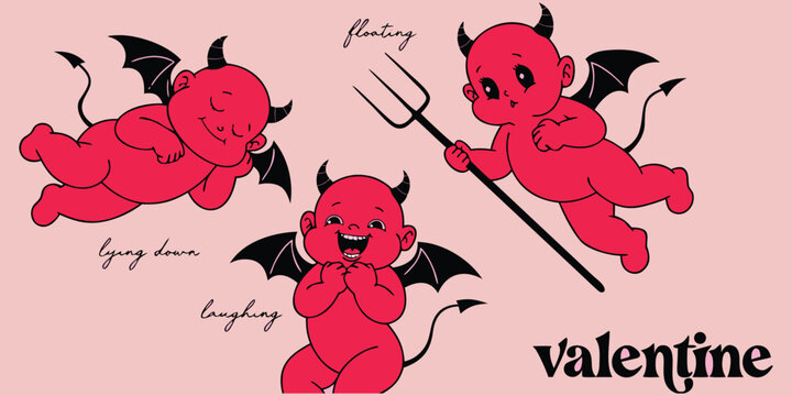 Cute little devil cupid valentine collection with tiny red demons in floating, laughing, and lying down poses with pitchfork and bat wings vector illustration.