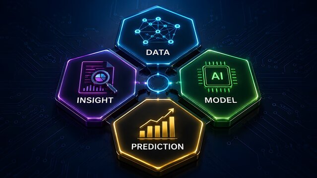 Four hexagonal blocks displaying artificial intelligence process with data model prediction and insight icons on dark circuit board background.
