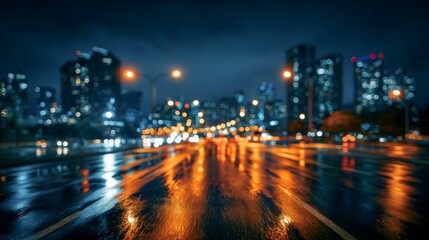 Naklejka premium Vibrant Cityscape at Night with Blurred Raindrops Reflecting Bright Lights on Wet Road and Urban Skyscrapers in the Background