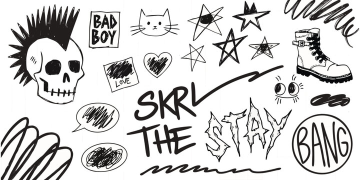 Hand drawn punk rock tattoo stickers vector set with grunge skull mohawk combat boot stars and gothic text graffiti doodles.