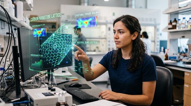 Scientist analyzing carbon nanotube hologram in laboratory