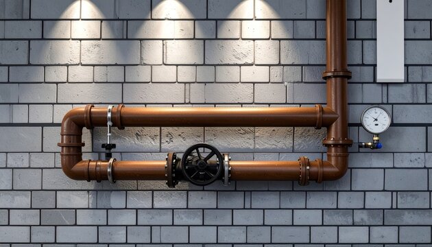 Industrial Copper Pipes with Valve and Pressure Gauge on Brick Wall