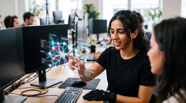 Software Developers Collaborating on Futuristic Neural Network Interface