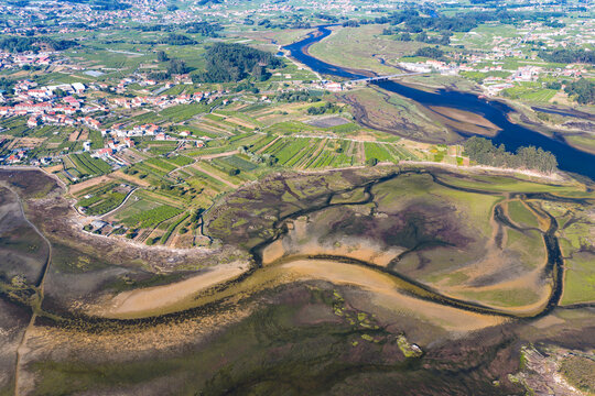Aerial View of Albari&ntilde;o Vineyards and Agricultural Land Surrounding the Coastal Town of Cambados Galicia