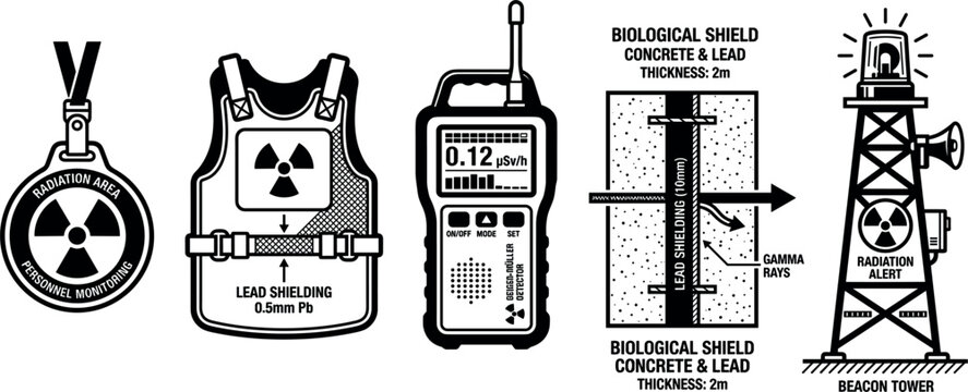 Radiation Safety and Measurement Equipment Vector Set Featuring Geiger Counter Lead Shielding Vest Biological Shield Diagram Warning Badge and Alert Beacon Tower