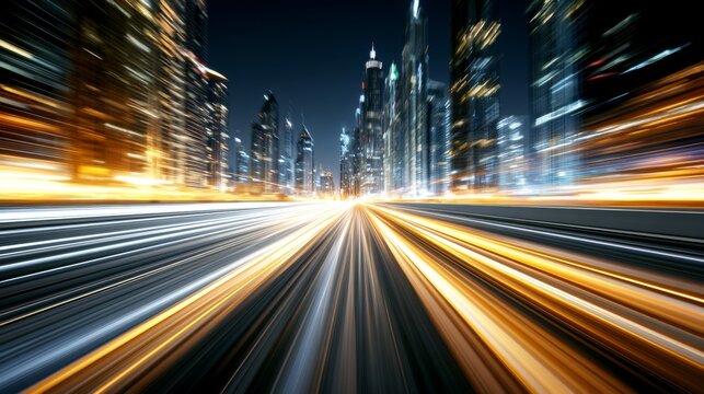 Dynamic Motion Blur of City Lights and Skyscrapers at Night, Capturing the Energy of Modern Urban Life and Fast-Paced City Environment