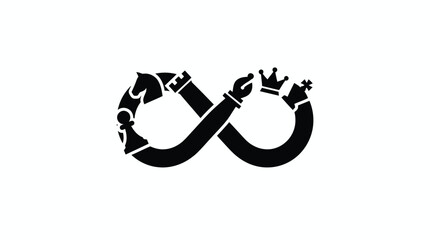 Minimalist vector graphic illustration featuring an infinite loop shape composed of various classic chess pieces in solid black ink against a clean white background representing strategic thinking © Umair's Graphics