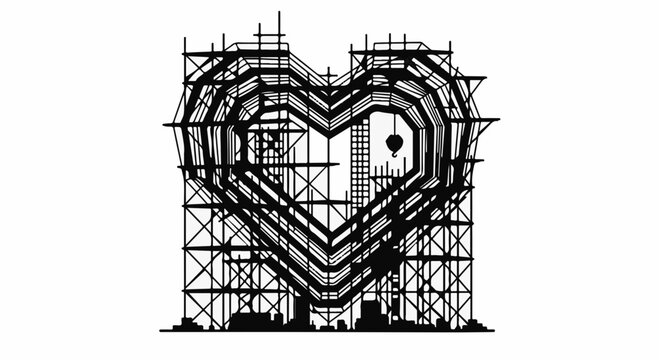 Heart-shaped structure under construction with scaffolding, symbolizing creation and development of love or passion.