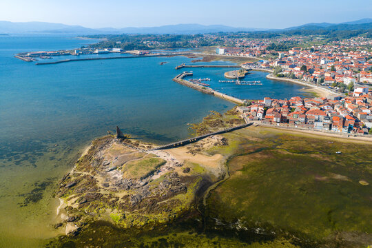 Aerial View of Albari&ntilde;o Vineyards and Agricultural Land Surrounding the Coastal Town of Cambados Galicia